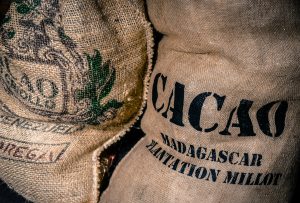 Cacao Powder - Image of burlap bags of cacao from Madagascar