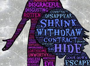 Image of someone shaming someone else, drawings of silhouettes with words of shame and despair