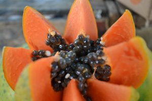 Image of a cut papaya in a dish with papaya seeds