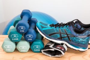 dumbells, yoga ball, tennis shoe